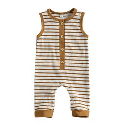 Rompers 2021 Zomer Pasgeboren babyjongens Meisjes Kleding Mouwloze knop Stripe Print jumpsuit overalls outfits 018m J220922