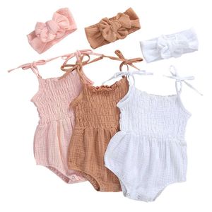 Rompers 2021 Zomer Pasgeboren babymeisje Kleding Solid mouwloze Backless Romper Jumpsuit Headband 2 -delige outfits Sunsuit J220922