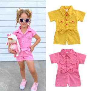Rompers 2022 Zomer Kid Girl Playsuit Solid Color Turndown Collar Button Pockets Jumpsuit Casual Simple Style Shorts 15y J220922