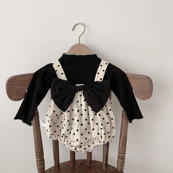 Barboteuse sans manches pour bébé fille, combinaison avec nœud imprimé à pois, t-shirt à manches longues, tenues mignonnes pour tout-petits de 0 à 24 mois, automne 2023