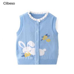 Rompertjes 2023 Clibeso Kinderen Winterkleding Baby Meisjes Jongens Konijn Print Gebreid Vest Vest Unisex Kinderen Mouwloos Breien Outfits 230918