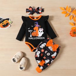 Rompers 2023 Halloween Baby Girls 2pcs Kleding Set katoen met lange mouwen pompoen Ghost Romper Knotbow broek Pak Infant Outfits 230823