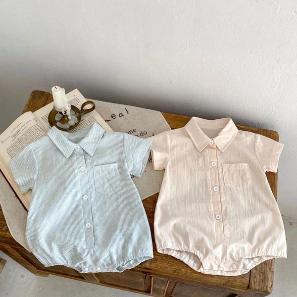 Mamelucos de verano 2023, ropa de bebé, mono de manga corta a cuadros para niños, camisa con cuello vuelto, mono de algodón para niños de una pieza