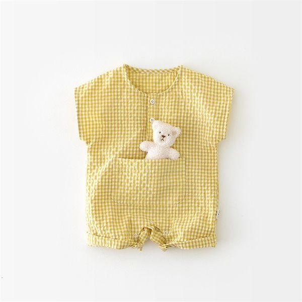 Barboteuses 2023 été bébé petit ours barboteuse filles sans manches jaune grille body garçons coton Beige points combinaison enfants vêtements 0 2Y 230422