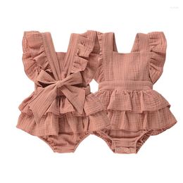 Rompertjes 2023 Zomer Geboren Baby Meisjes Bodysuits Kleding Prinses Ruche Katoenen Jumpsuit Leuke Peuter Backless Lace Up Boog Strand outfits