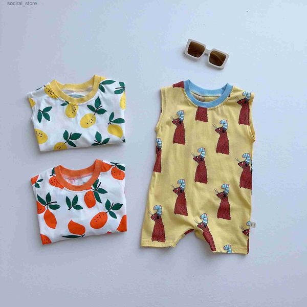 Rompers 2023 Summer NUEVO bebé lindo frutas Cartoon estampado Romper niña niña sin mangas casual para ropa para niños pequeños 0-24m L240402