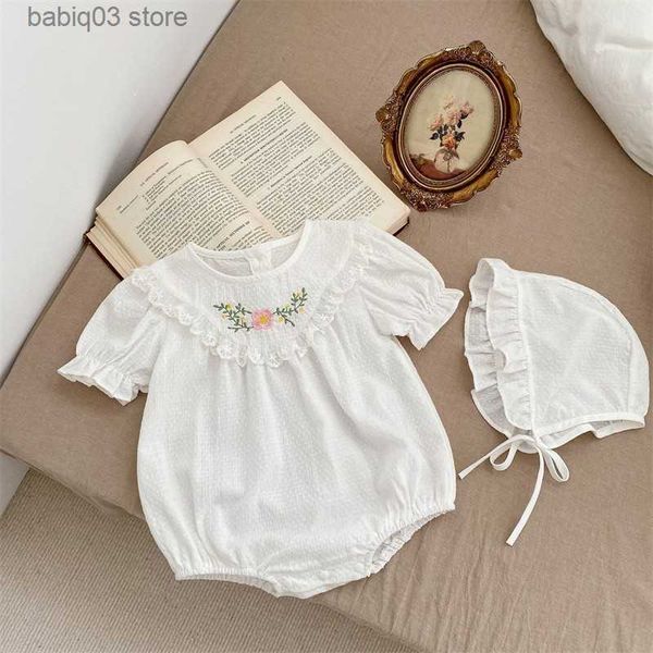 Barboteuses 2023 Été Nouveau Bébé À Manches Courtes O-cou Brodé Barboteuse Filles Blanc Body + Chapeau 2 Pièces Costume Enfants Coton Combinaison 0-2Y T230529