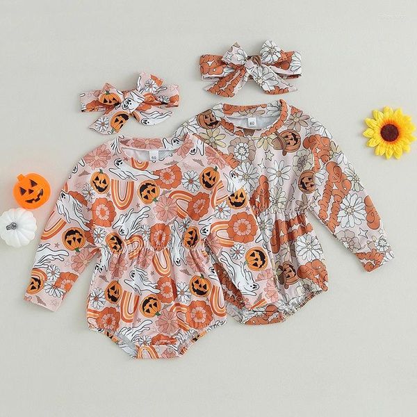 Rompers 2024-07-05 Lioraitiin 0-18 meses bebé niña 2 piezas trajes de Halloween estampado de calabaza manga larga mameluco diadema otoño ropa linda