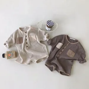 Rompertjes 2024 Herfst Baby Katoenen Bodysuit Japanse Baby Jumpsuit Met Lange Mouwen Vintage Geboren Meisje Onesie Leuke Jongen Pocket Overalls