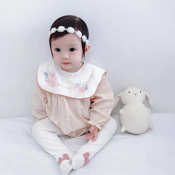 Barboteuses d'été coréennes pour petites filles, salopette en coton à larges revers brodés, manches laternes, body ample pour naissance, 2024
