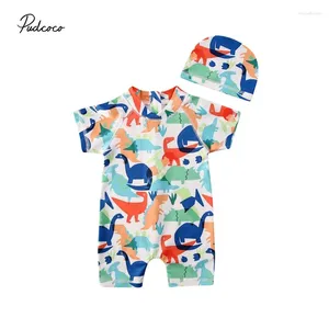 Rompertjes 2024 Zomer Badpak Peuter Baby Kid Jongen Zonbeschermende Badmode Rash Guard Kostuum Korte Mouw Dinosaurus Kleurrijk Badpak