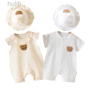 Rompers 2pcs bébé combinaison d'été chapeau ensemble ours mousseline nouveau-né robeter pour garçons vêtements de filles en bas âge en bas âge