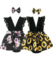 Rompers 2pcs S imprime en dentelle à manches courtes V Van à sauts beaux mignons pour bébé fille robe robe robe bandeau One Piece Bo3284224