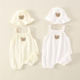 Macacão 2 peças conjunto de roupas de bebê de verão com boné infantil fofo urso estilingue chapéu de pescador chapéu infantil menina menino macacão 230608