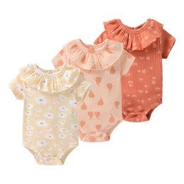 Barboteuses 3 pièces né bébé fille vêtements coton à manches courtes été 012M infantile body couleur unie Bebes 230421