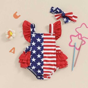 Rompers 4 juli Baby Girls Outfits Stripe Star Print Fly Sleeves Square Neck Romper met hoofdband H240508