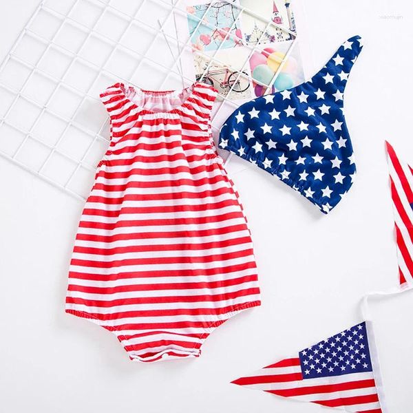 Mompers 4 de julio Baby Infant Girls Stripe Crew Teck Campo sin mangas Bodysuits de verano con gorra de estampado de estrellas