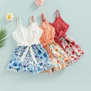 Rompers 510y Kid Baby Girls Zomer Korte jumpsuits Bloemprint Mouwloze Ruches brede pijpbeurt Jumpsuit Playsuits -kleding met riem J220922