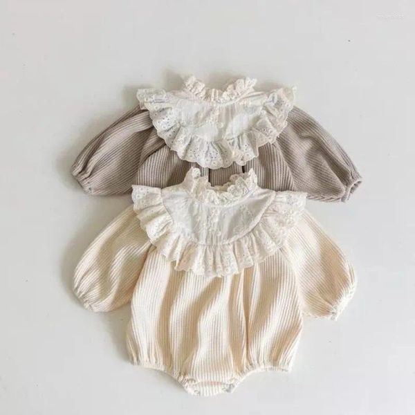 Mamelucos 7340 Ropa nacida Baby Girl's One Piece 2024 Otoño Coreano Waffle Lace Collar Escalada