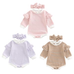 Barboteuses Automne 2 Pcs Bébé Fille Automne Outfit Stripe Patchwork À Volants À Manches Longues Barboteuse Bandeau Ensemble pour Nourrissons 0 18 Mois 230619