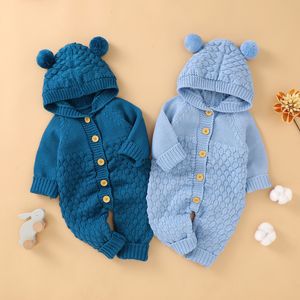 Rompertjes Herfst Baby Meisjes Gebreide Kleding Met Capuchon Katoen Lente Baby Kinderen 3D Oor Romper Lange Mouw Body Sunsuits Outfits 024M 230825