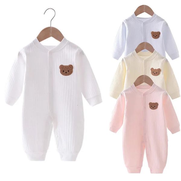 Barboteuses Automne bébé barboteuse couleur unie mignon ours combinaisons coton printemps né s vêtements pour garçons filles infantile Onesie 0 18 M 231019