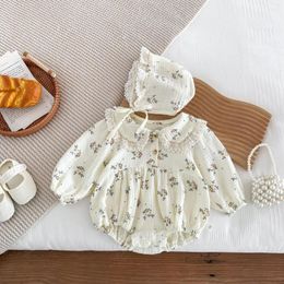 Barboteuses Automne Garçon Fille Infantile Doux Imprimé Floral Dentelle Lotus Col Manches Longues Body Né Bébé Coton Mode Onesie Laçage Cap