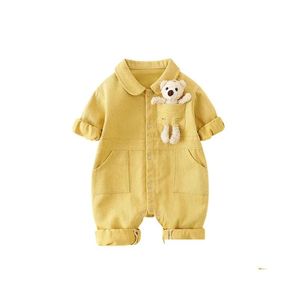 Rompers Autumn Denim Baby Saisissures de poche mignonne Romper pour garçons pour garçons nés Stuechs Korean Toddler Bything Spring Kids Vêtements Dr Dhknq