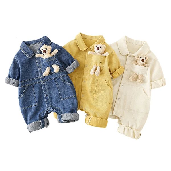 Mamelucos Otoño Denim Monos para bebés Lindo bolsillo Oso Mameluco para niños Niñas Nacidos Monos Coreano Niño Onesie Primavera Ropa para niños 231108