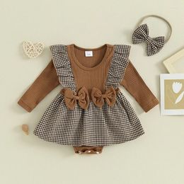 Rompers Automne Infant Girl Robe Houndstooth Rib Trilenfles Ruffles à manches longues combinaison Born Born Bodys Bodys avec bandeau