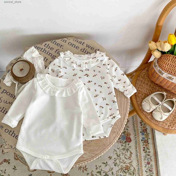 Rompers Automne Nouveau bébé fille à manches longues Bodys Bodys Bodys Floral Botting Clothing Infant Girl Lace Collar Cotton Jumps Coton 0-24M L240402