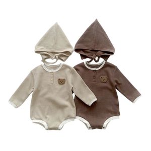 Barboteuses Automne gaufre bébé barboteuse chapeau enfant en bas âge tenue ensemble mignon ours coréen enfants combinaisons pour filles garçons vêtements mode infantile costume 231010