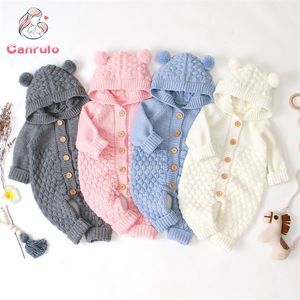 Barboteuses Automne Hiver Né Pull Bébé Garçon Fille Vêtements Barboteuse Ours Oreille Tricot À Capuche Combinaison Tenue Vêtements 220919