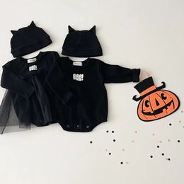 Barboteuses Automne Hiver Halloween né Garçon Fantôme Imprimer Simple Confort Manches Longues Body Fille Bébé Maille Solide Coton Casual Onesie 231023