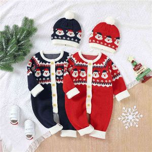 Rompers baby 2pcs winter outfits kerst peuter boy girl lange mouwen knop naar beneden gebreide romper jumpsuit beanie hoed set j220922