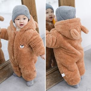 Barboteuses bébé garçon vêtements mignon ours en peluche automne hiver garder au chaud à capuche infantile filles combinaison globale né barboteuse 018M 231211