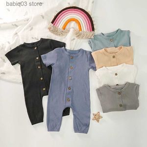 Barboteuses bébé garçon vêtements nouveau-né côtelé à manches courtes barboteuses tout-petits garçons pyjama nouvelle mode combinaison unisexe boutons barboteuses salopette T230529