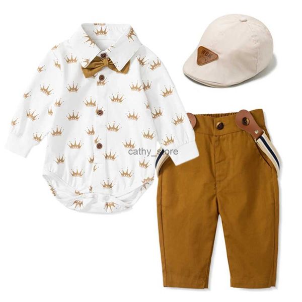 Mamelucos Bebé Ropa Traje Algodón Boutique Royal Crown Set Infantil Niño Niño Fiesta de Cumpleaños Regalo Traje Mameluco Arco Sombrero Zapatos RopaL231114