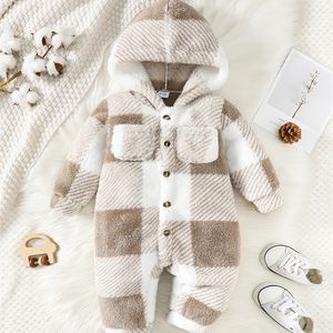 Rompertjes Baby Jongens en Meisjes Geruite Romper Met capuchon Lange mouwen Pluche Jumpsuit Winter Warme bodysuit Kleding voor 3-24 maanden Peuterjongen 231201