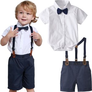 Rompertjes Baby Jongens Doop Outfit Baby Gentleman Kleding Set Peuter Doop Korte Mouwen Bowtie Romper Bretels Broek Past 230628