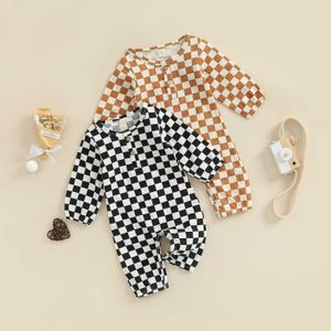 Rompers Baby Boys Girls Spring herfst Romper Romper lange mouw plaid knoppen bemanning nek nek romper peuter snap cross long jumpsuit j220922