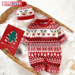 Barboteuses Bébé noël barboteuse tricot mignon enfants salopette d'hiver tricot cerf bonne année combinaison de neige mon premier body de noël chapeau 231120