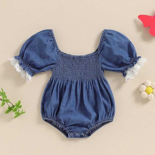 Rompers Baby Clothing Girls Summer Solid Denim bleu Bleu à manches bouffantes courte en dentelle de dentelle Top carré Tops pendant des mois H240507