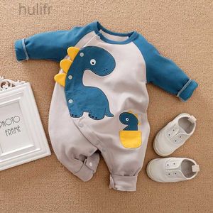 Rompers Baby Clothing Spring and Automne Cartoon Dinosaur Brodery Raglan Long Manchet Coton Bodys Bodys D240425