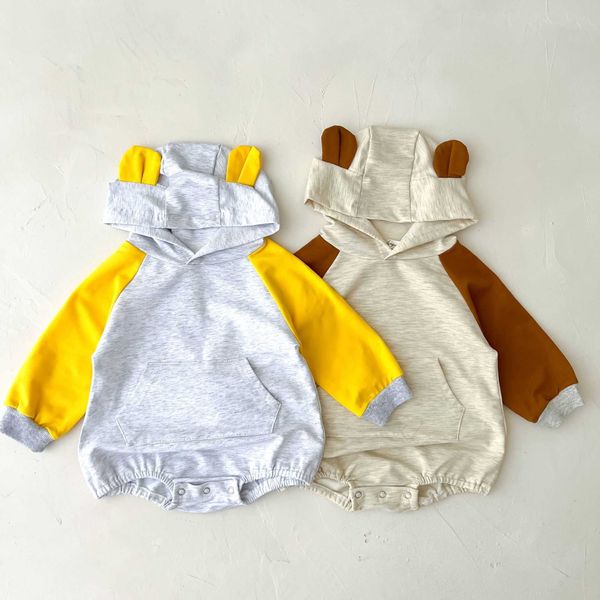 Mamelucos Baby Girl Body Simple Patchwork Sudaderas con capucha Body Otoño Moda Boy Mono de algodón con lindo oso Cap Kid Ropa suave J220922