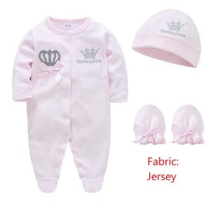 Barboteuses bébé fille garçon combinaison Royal Crown ensemble de vêtements avec chapeau et gants né pyjama 100% pur coton 230408