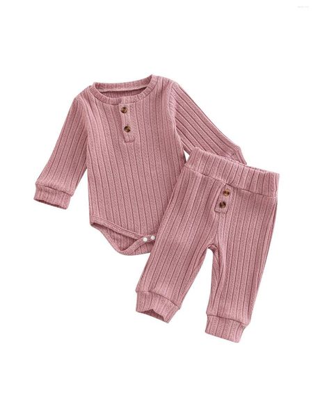 Barboteuse en tricot côtelé pour bébé fille et garçon, couleur unie, manches longues, col rond, haut, taille élastique, pantalon, ensemble de vêtements pour nouveau-né