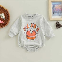 Rompers Baby Girl Boy Thanksgiving Day Romper Gray Long Sheeves Round Neck Letters en Cupcake Print Jumpsuit Deskleding J220922