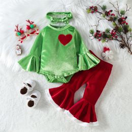 Rompers Baby Girl Christmas Outfits lange mouwen jumpsuit met wijd uitlopende broek en hoofdband mode verjaardagset 230823