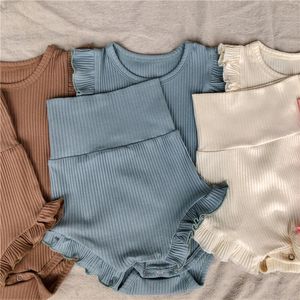 Rompers babymeisjeskleding set zacht geribbelde katoenen bosyuit shorts kleding schattige peuter mode comfortabele jumpsuit bloeiers 230427